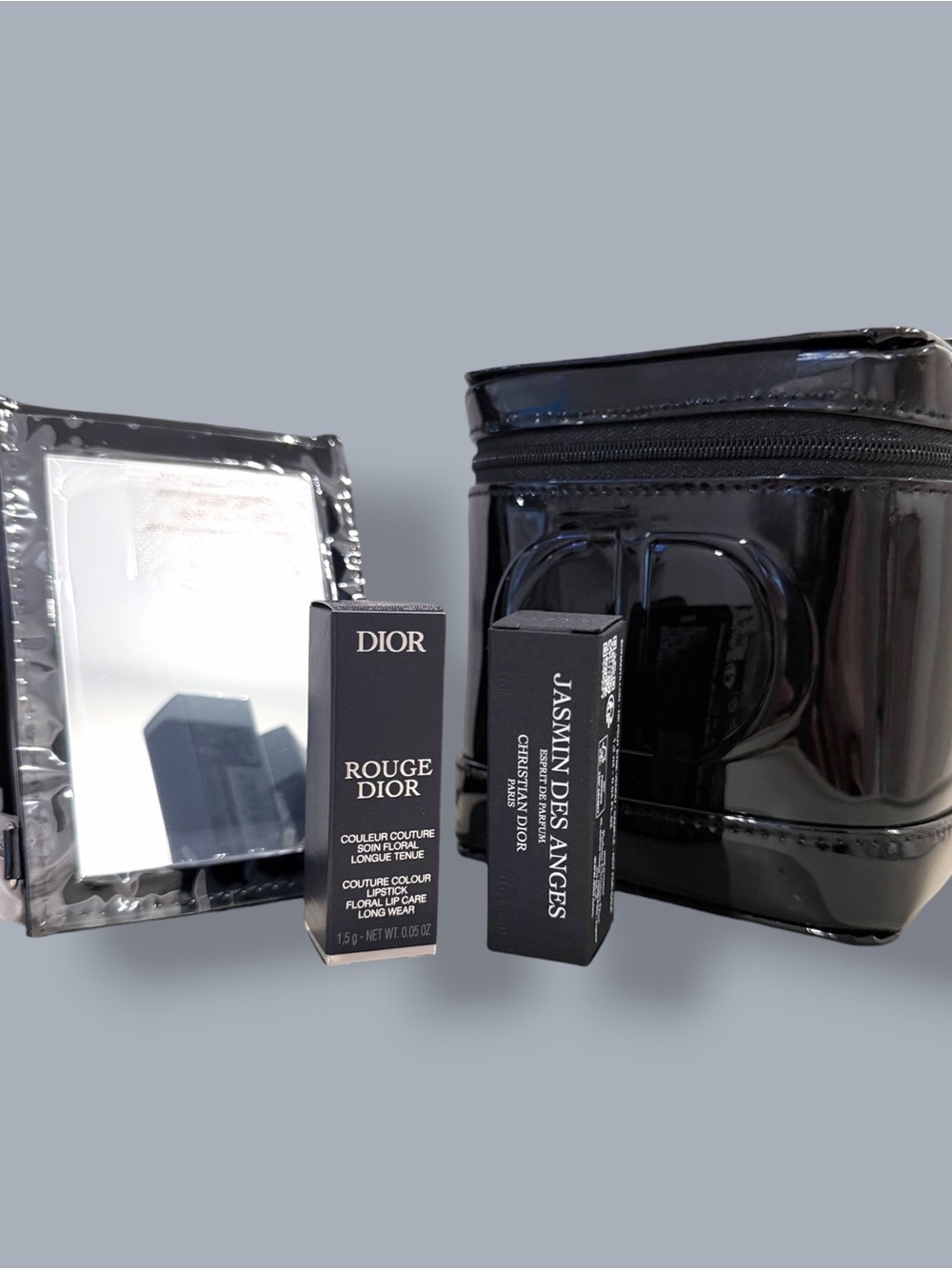 Dior Black Patent Pouch + Mirror + Rouge Dior + Jasmin Des Anges Esprit sample